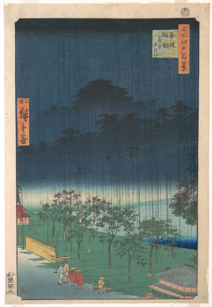 rain japanese art: Utagawa Hiroshige II, Paulownia Trees at Akasaka in the Evening Rain, c. 1859, The Metropolitan Museum of Art, New York, NY, USA.
