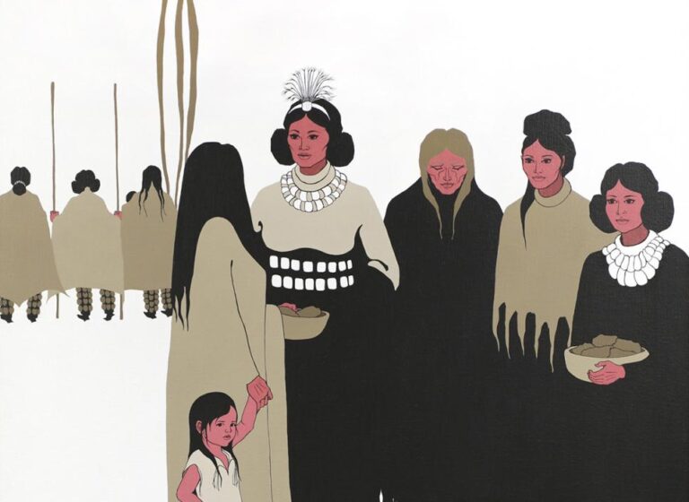 joan hill: Joan Hill (Muskogee Creek and Cherokee), Women’s Voices at the Council, 1990.  Gift of the artist on behalf of the Governor’s Commission on the Status of Women, 1990, Oklahoma State Art Collection, courtesy of the Oklahoma Arts Council. © Joan Hill. Detail.
