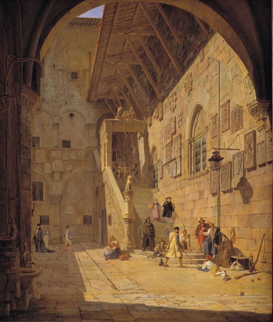 Bargello: Jørgen Roed, The Courtyard of the Palazzo del Bargello, ca. 1842, Statens Museum for Kunst, Copenhagen, Denmark.
