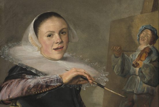 Self-portrait of a Caucasian woman at her easel, leaning back in her chair looking at the viewer. On her easel is a painting of man happily playing the violin. The artist is wearing a purple dress with white collar ruff and cap. Dutch Golden Age Women Artists.