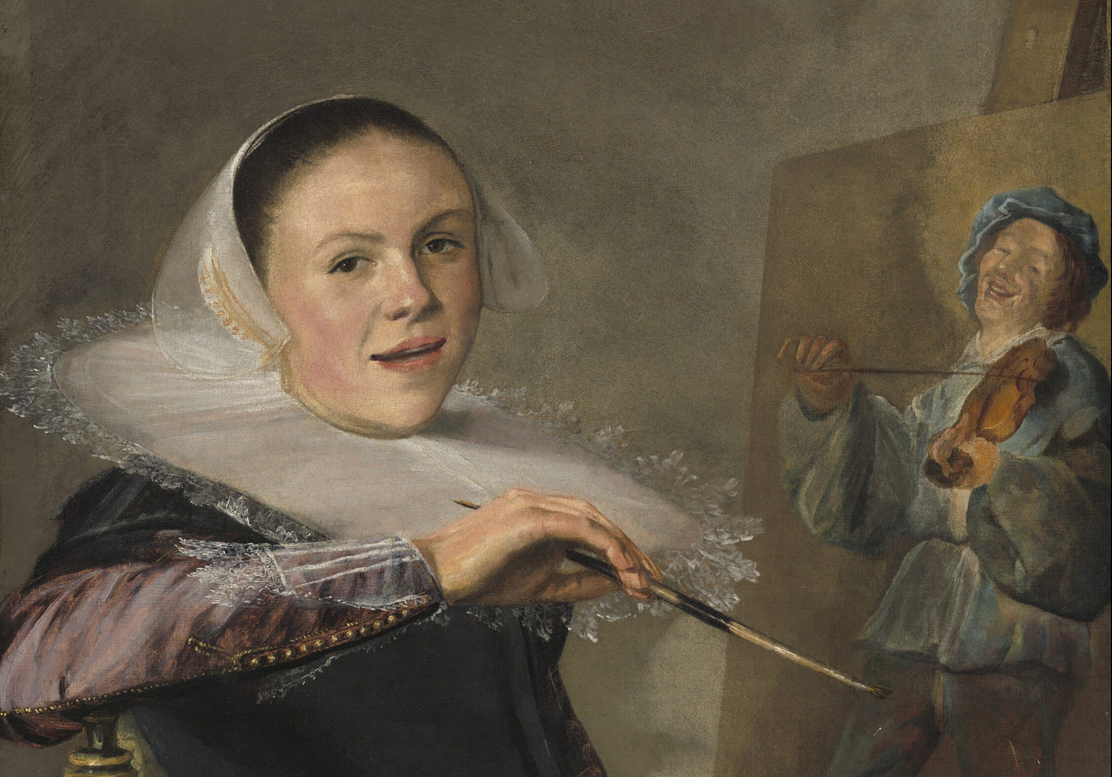 Self-portrait of a Caucasian woman at her easel, leaning back in her chair looking at the viewer. On her easel is a painting of man happily playing the violin. The artist is wearing a purple dress with white collar ruff and cap. Dutch Golden Age Women Artists.