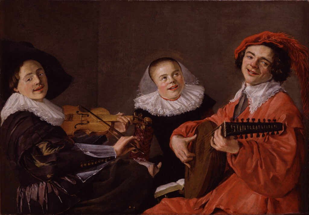 Genre scene of three figures: two men and a woman. The man on the left plays a violin, the woman in the middle holds a book and seems to sing, the men on the right is playing a lute.