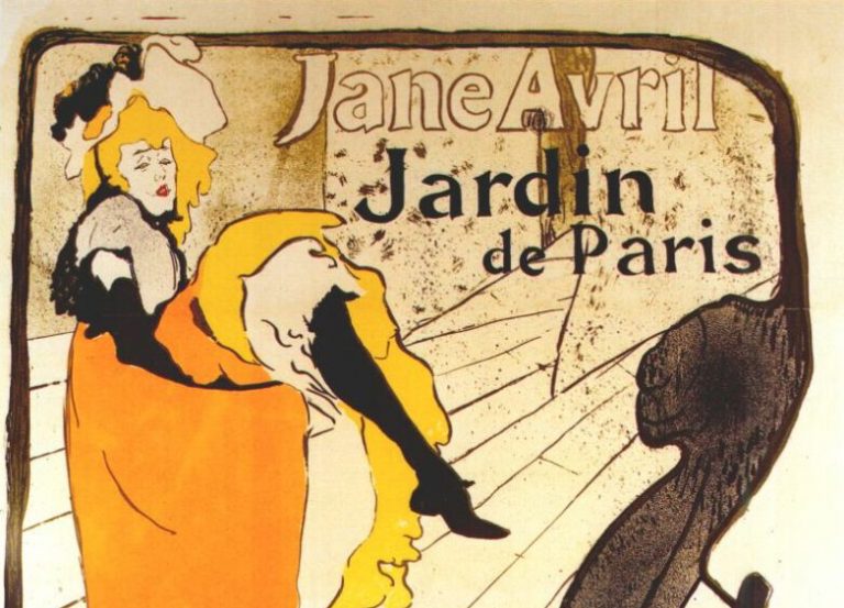 cabaret posters: Henri de Toulouse-Lautrec, Jane Avril at the Jardin de Paris, 1893. Wikimedia Commons (public domain). Detail.
