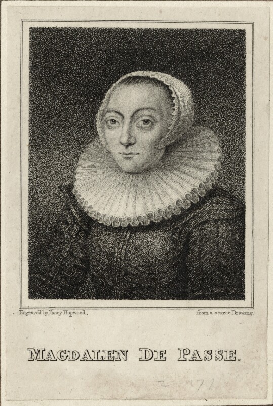 Engraving of a 3/4 portrait of a Caucasian woman in an oval frame. She is wearing a white cap, dark dress, and white ruff collar. Below the image is the name of the sitter "Magdalena de Passe"; Dutch Golden Age Women Artists.