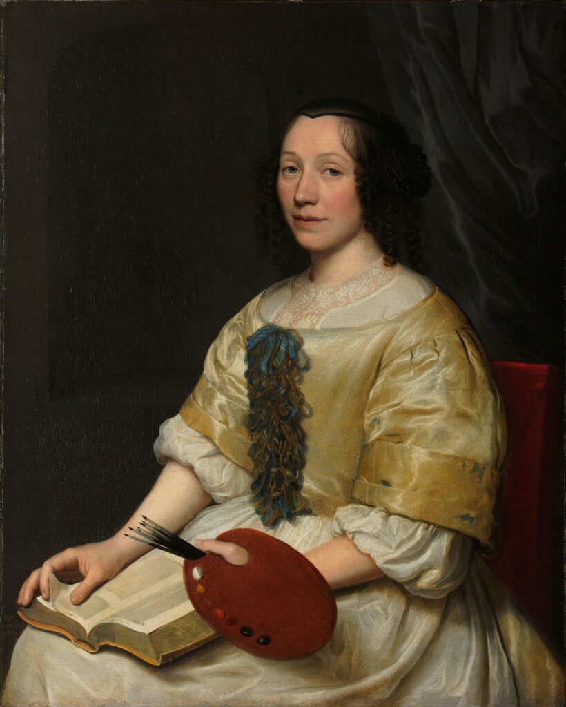 Portrait of a 17th-century Caucasian woman with dark hair wearing a yellow dress, holding a palette in one hand and a book in her lap. Dutch Golden Age Women Artists.