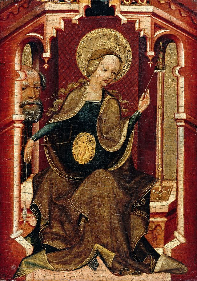 pregnancy in art: Master of Erfurt, The Virgin Weaving and the “cutaway” unborn Jesus, Upper Rhine, ca. 1400. Wikimedia Commons (public domain).
