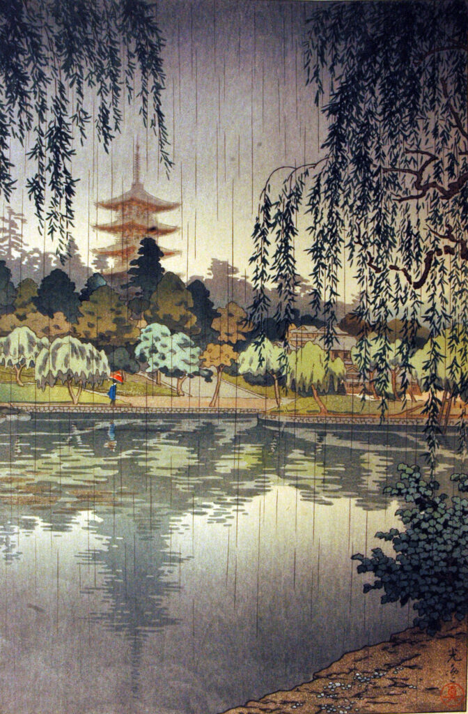 rain japanese art: Tsuchiya Kōitsu, Rain at Kofukuji Temple, c. 1937, San Diego Museum of Art, San Diego, CA, USA.
