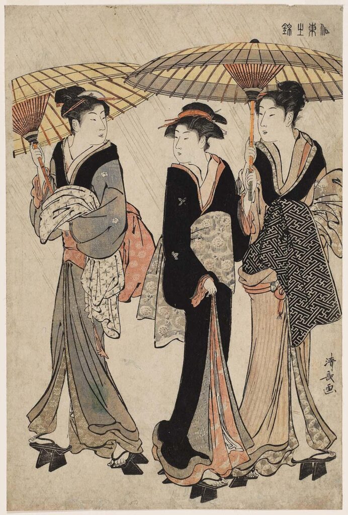 rain japanese art: Torii Kiyonaga, Three Women in the Rain, from the series Current Manners in Eastern Brocade (Fûzoku Azuma no nishiki), c. 1783, Museum of Fine Arts, Boston, MA, USA.
