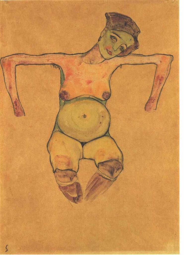 pregnancy in art: Egon Schiele, Pregnant Nude, around 1910. Wikimedia Commons (public domain).

