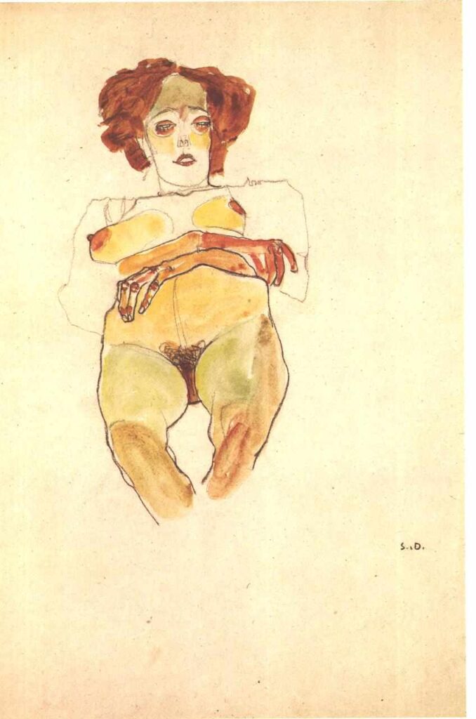 pregnancy in art: Egon Schiele, Seated pregnant woman, 1910. Wikimedia Commons (public domain).
