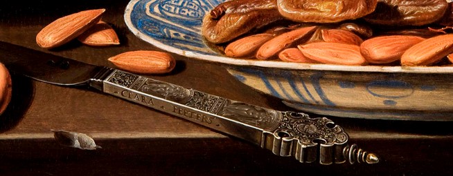 Detail of Still Life with Cheeses, Almonds and Pretzels - close-up of the knife with Clara Peeters signature. Dutch Golden Age Women Artists