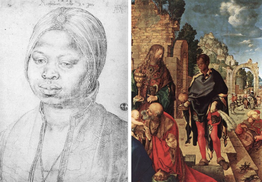 Left: Albrecht Dürer, Portrait of Katharina, 1521, metalpoint on paper, Galleria degli Ufizzi, Florence, Italy; Right: Albrecht Dürer, The Adoration of the Magi, 1504, Galleria degli Ufizzi, Florence, Italy. Detail.