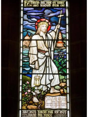 William Hole: William Hole, He Calleth Them by Name and Leadeth Them Out, 1908, Stained Glass Window, Chapel of St Colm’s College, St Colm’s Women’s Mission Training College, Edinburgh, Scotland.
