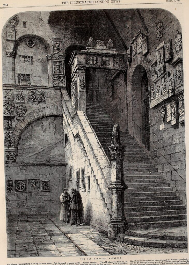 Bargello: Mason Jackson, The Old Bargello, Florence. Illustration for The Illustrated London News, September 21, 1861. Wikimedia Commons (public domain).
