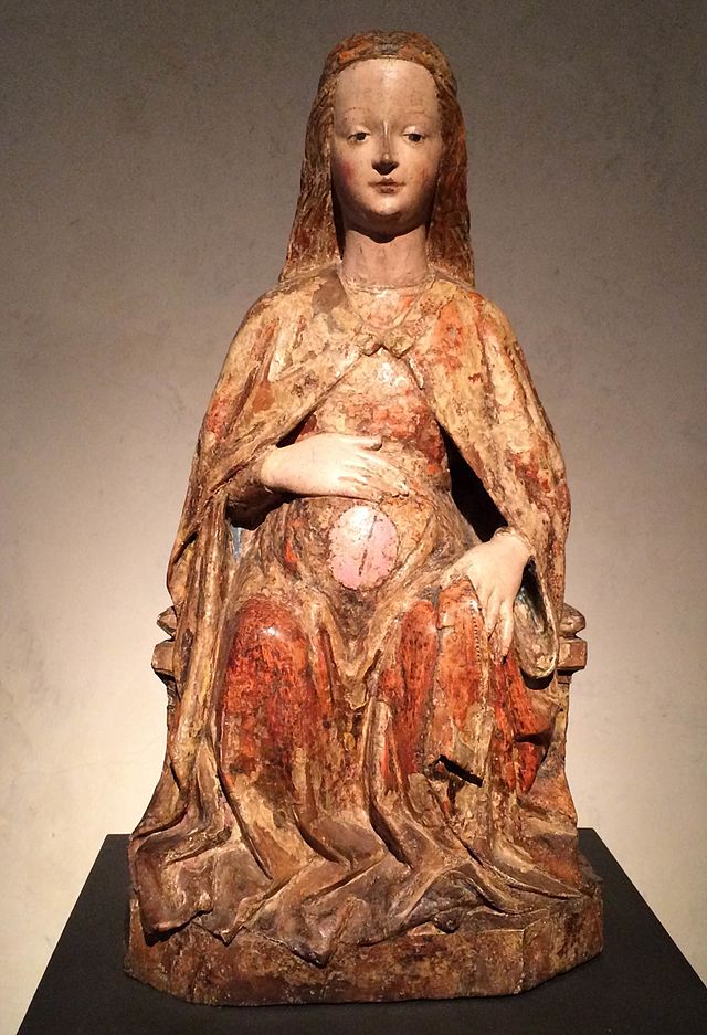 pregnancy in art: Seated Expectant Virgin Mary (Maria Gravida), International Gothic, 1430-1440, Collection of Old Masters, National Gallery Prague, Prague. Czech Republic. Museum’s website.
