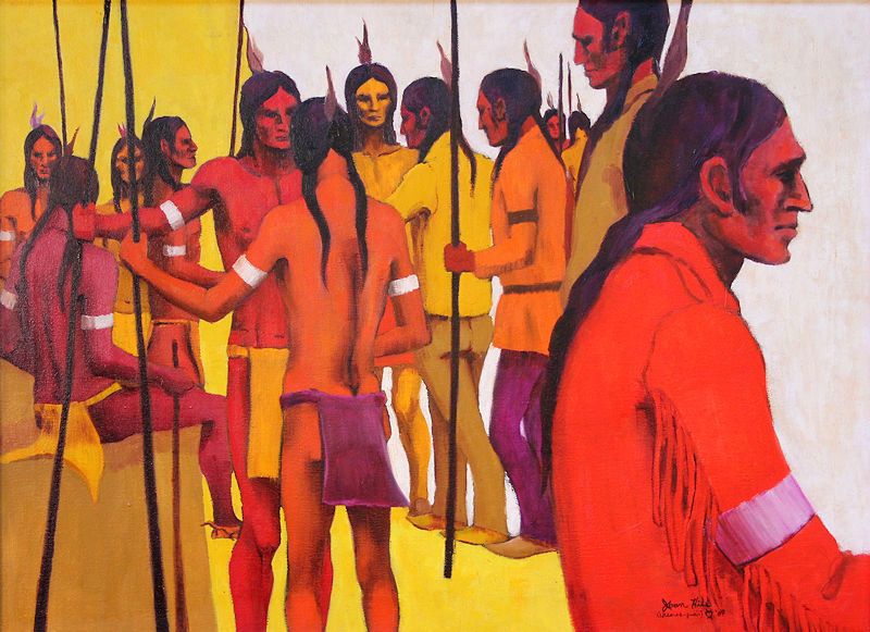 Joan Hill's vibrantly colored painting depciting a gathering of tribal council members.