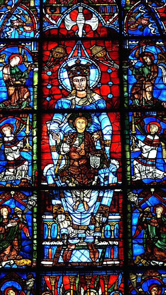 stained glass windows: Blue Virgin window, 12th century, Chartres Cathedral, Chartres, France. Worldhistory.
