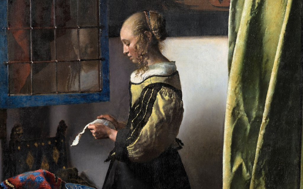 Vermeer Cupid: Johannes Vermeer, Girl Reading a Letter at an Open Window, ca. 1657-1659, © Gemäldegalerie Alte Meister, Staatliche Kunstsammlungen Dresden, Germany. Photo by Wolfgang Kreische. Detail.
