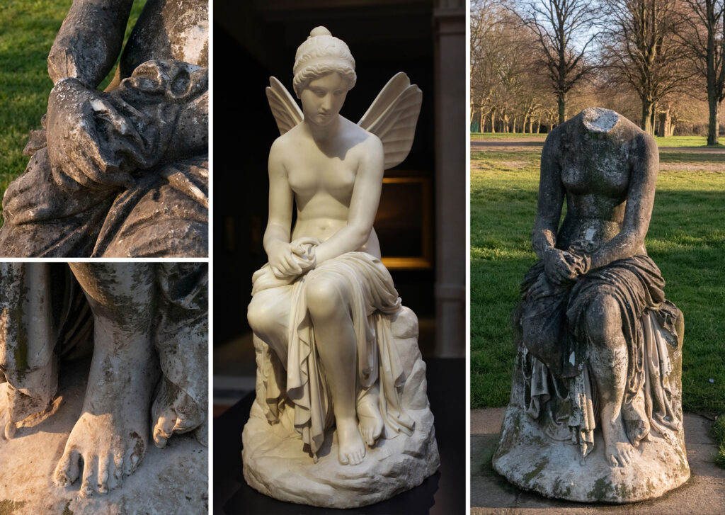 London statues: Headless woman (nymph), Crystal Palace, London, UK. Invisible Palace.
