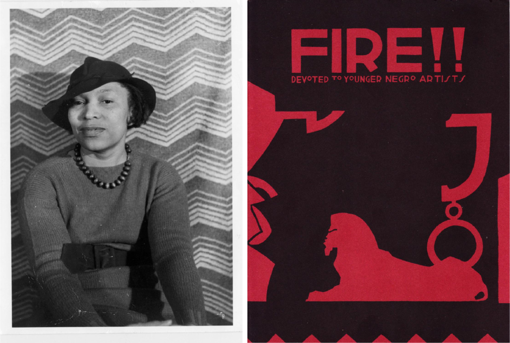 Harlem Renaissance: Left: A photo of Zora Neale Hurston taken by Carl Van Vechten. Zora Neale Hurston’s website; Right: The cover of a 1926 issue of Fire!! magazine. Issuu. 
