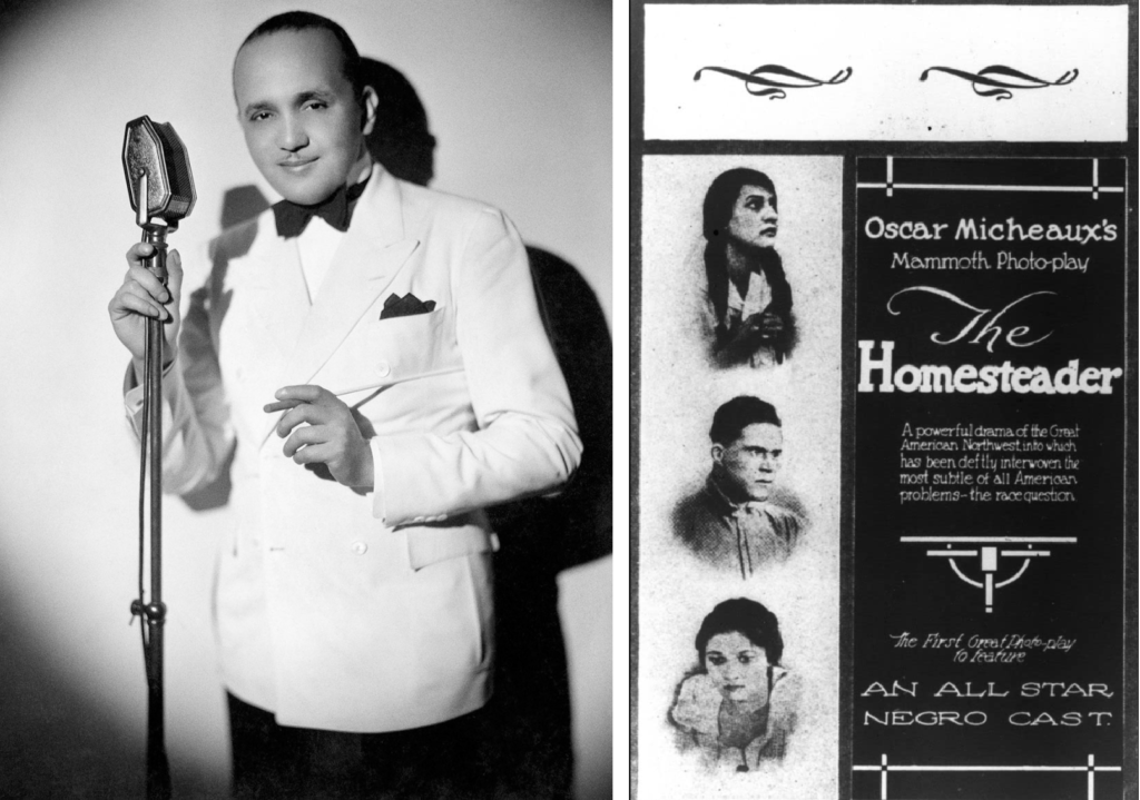 On the left: A photo of the pianist Fletcher Henderson. On the right: The 1919 poster of the film The Homesteader, directed by Oscar Micheaux.