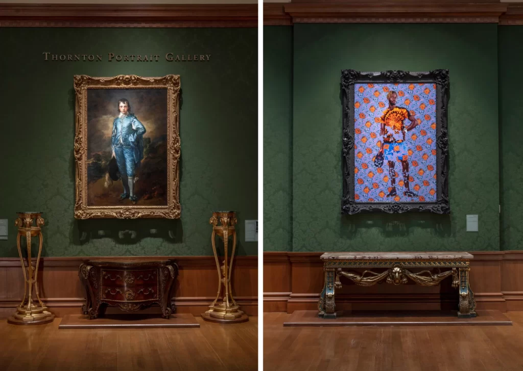 Blue Boy Gainsborough: Left: Thomas Gainsborough’s The Blue Boy, ca. 1770, Right: Kehinde Wiley’s A Portrait of a Young Gentleman, 2021, installation view in the Thornton Portrait Gallery at The Huntington, San Marino, CA, USA.
