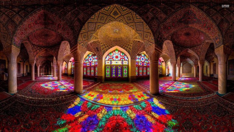 stained glass windows: Muhammad Hasan-e-Memar and Muhammad Reza Kashi Paz-e-Shirazi, Interior of the Mosque, 1876-1888, Nasir al-Mulk Mosque, Shiraz, Iran. Dogmatours.

