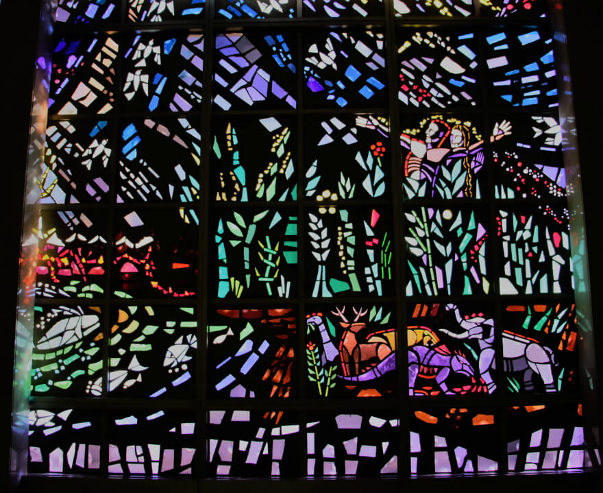 stained glass windows: Eden with dinosaurs, 1969, Resurrection Cemetery Mausoleum, Justice, IL, USA. Terrordaves.

