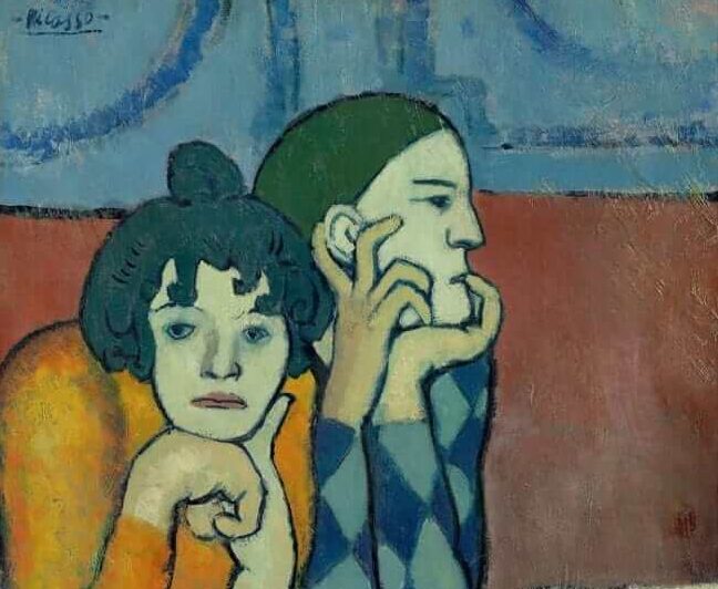 color psychology: Pablo Picasso, Saltimbonques Harlequin and his Companion, 1901, Pushkin Museum, Moscow, Russia. Detail.
