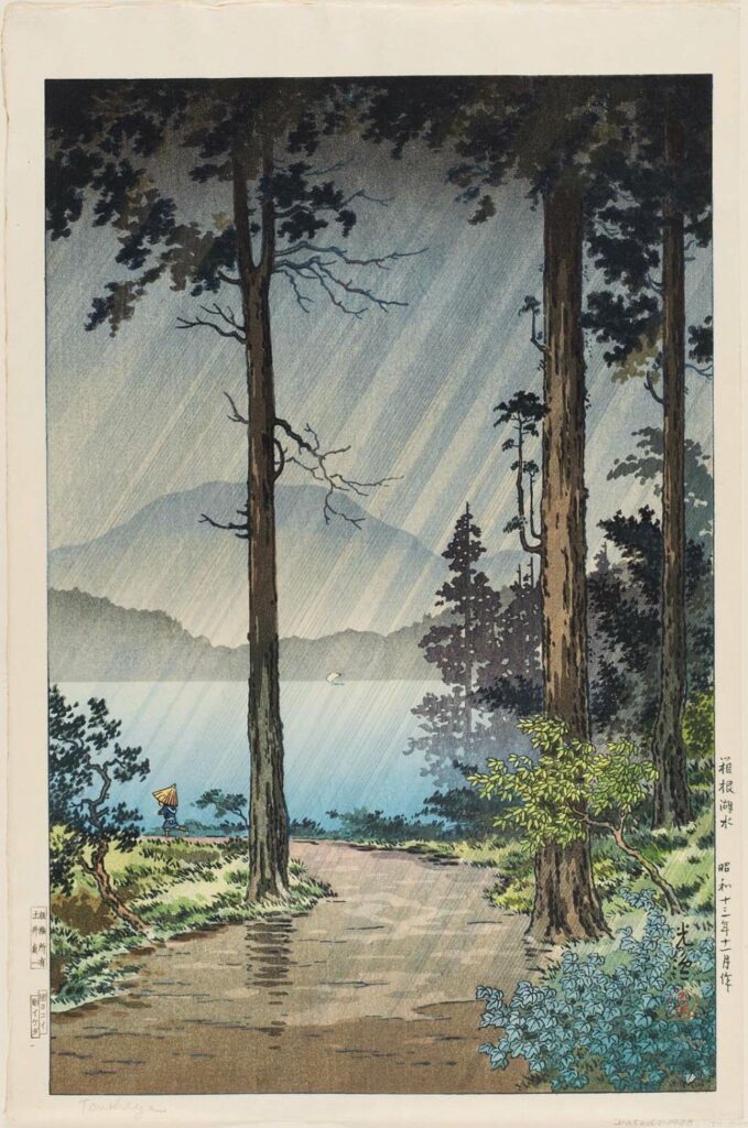 rain japanese art: Tsuchiya Koitsu, Morning Rain Hakone, ca. 1938. Ukiyo-e.
