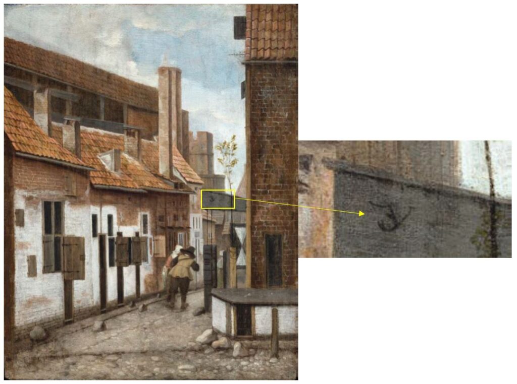 Jacobus Vrel: Left: Jacobus Vrel, Houses by the Town Wall and Two Figures Walking down the Street, Rose-Marie and Eijk de Mol van Otterloo Collection, part of Museum of Fine Arts, Boston, MA, USA; Right: Detail of first and last name abbreviated as the monogram ‘J V.’

