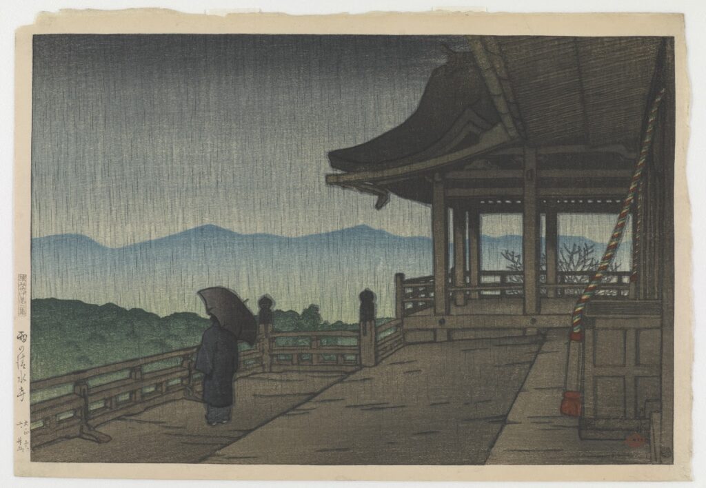 rain japanese art: Kawase Hasui, Rain at Kiyomizu Temple, ca. 1921, National Museum of Asian Art, Washington, DC, USA.
