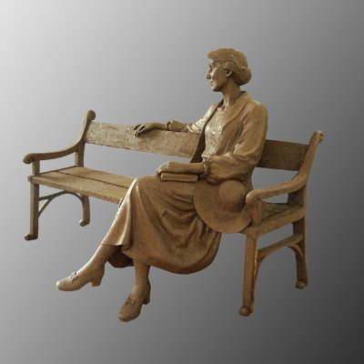 London statues: Image of the Virginia Woolf bench that may be placed in Richmond-on-Thames. Virginia Woolf Statue Twitter, 2021.

