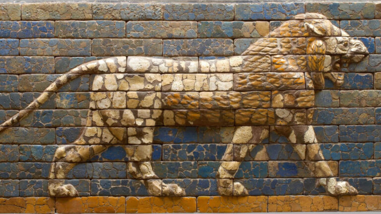 Striding Lion: Striding Lion, 604-562 BCE, Processional Way, Babylon, Iraq, Kunsthistorisches Museum, Vienna, Austria. Detail.
