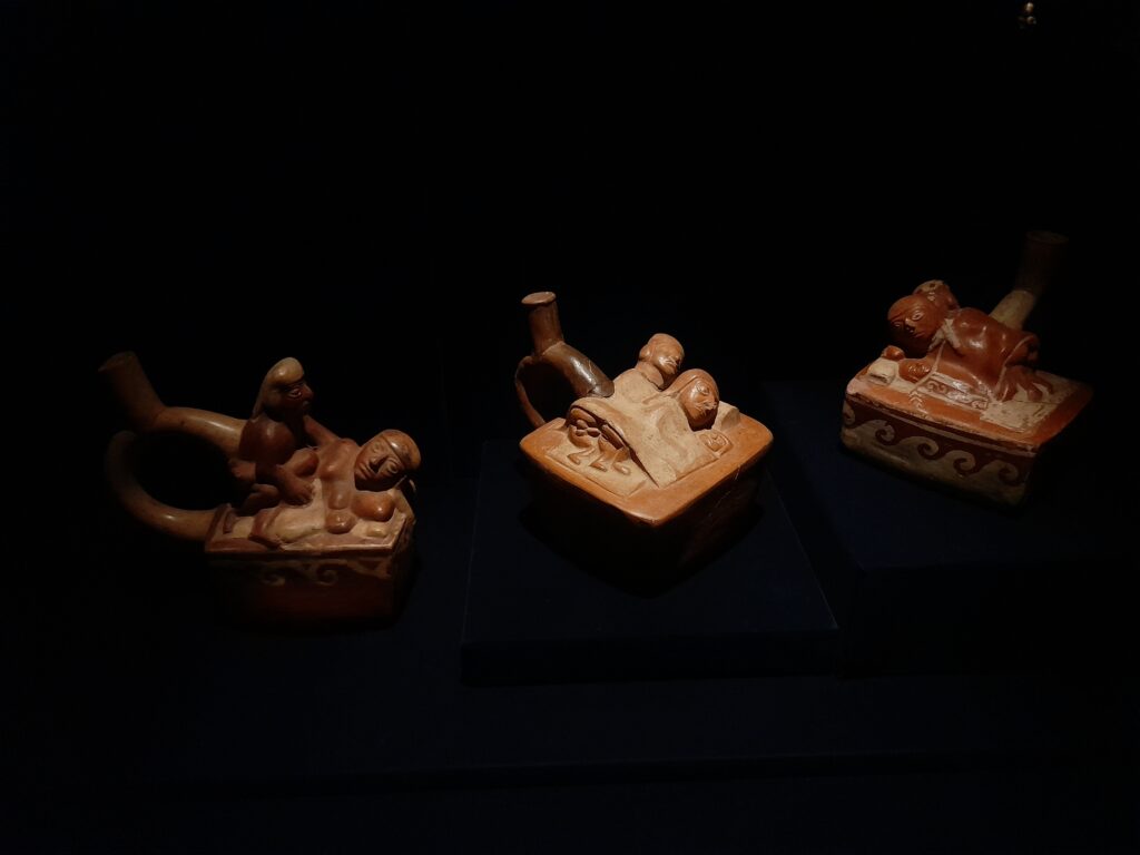 museo larco: Sculptural clay bottles depicting bed sharing, Moche culture, 1 CE–800 CE, Peru, Museo Larco, Lima, Peru. Photo by author.
