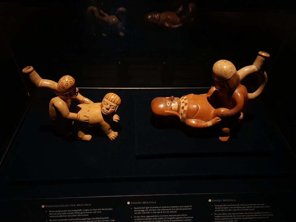 museo larco: Scultural clay bottles depicting intercourse between a high ranking couple, Moche culture, 1 CE–800 CE, Moche culture, Peru, Museo Larco, Lima, Peru. Photo by author.

