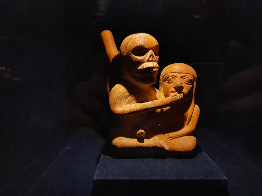 Pottery showing an ancestor engaging in sexual activity in the underworld, Moche culture, Museo Larco