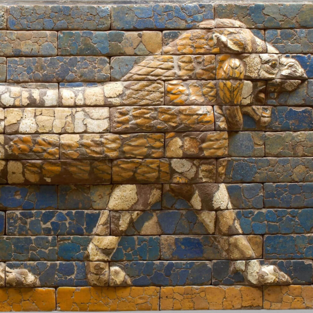Striding Lion: Striding Lion, 604-562 BCE, Processional Way, Babylon, Iraq, Kunsthistorisches Museum, Vienna, Austria. Detail.
