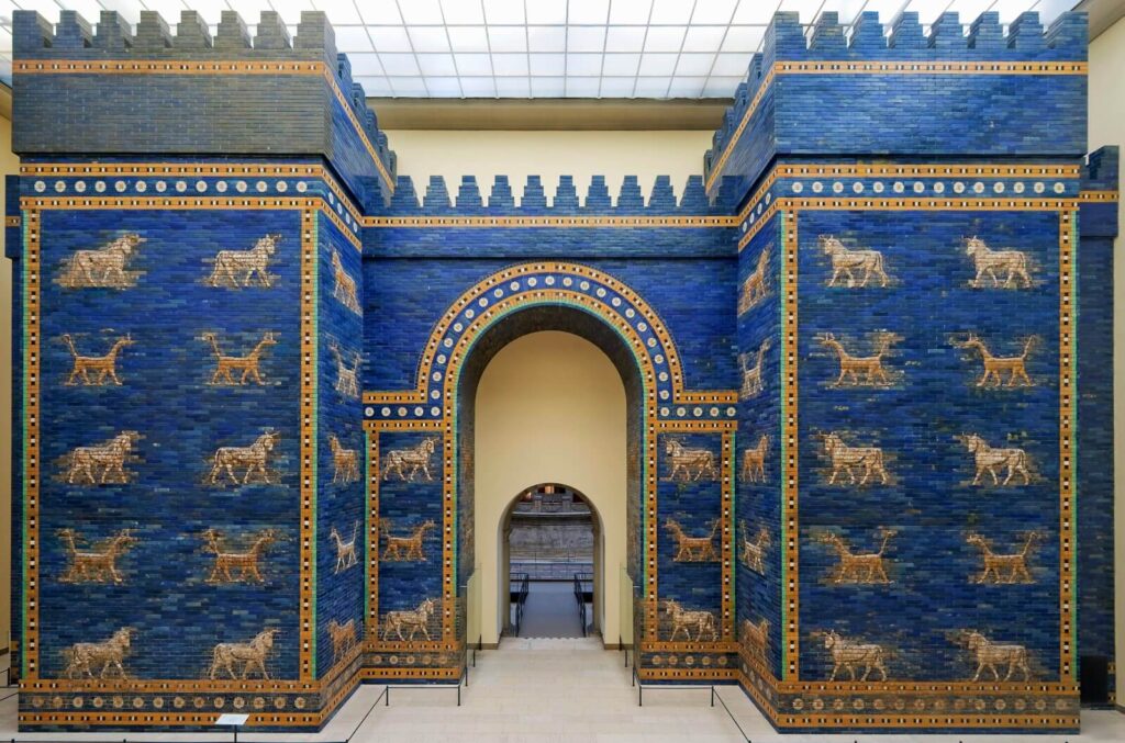 Striding Lion: Ishtar Gate, 604-562 BCE, glazed clay bricks, Babylon, Iraq, Pergamon Museum, Berlin, Germany.
