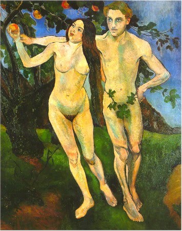 Suzanne Valadon Barnes Foundation: A nude white woman with a nude white man in a landscape next to a tree. The woman reaches for an apple and the man's arm goes around her back and grasps her wrist.