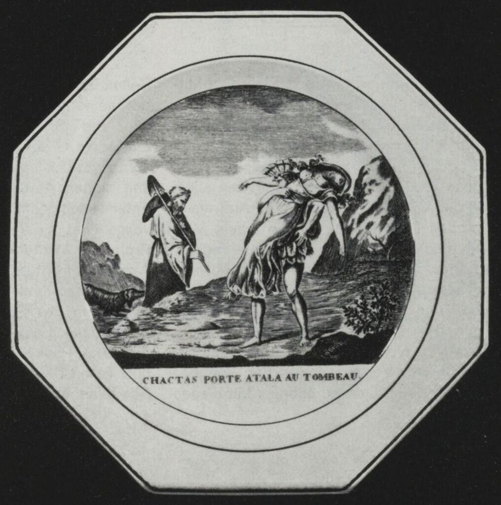 Plate with scene from Atala by Chateaubriand and inscription saying Chactas porte Atala au tombeau, 1st half 19th century.