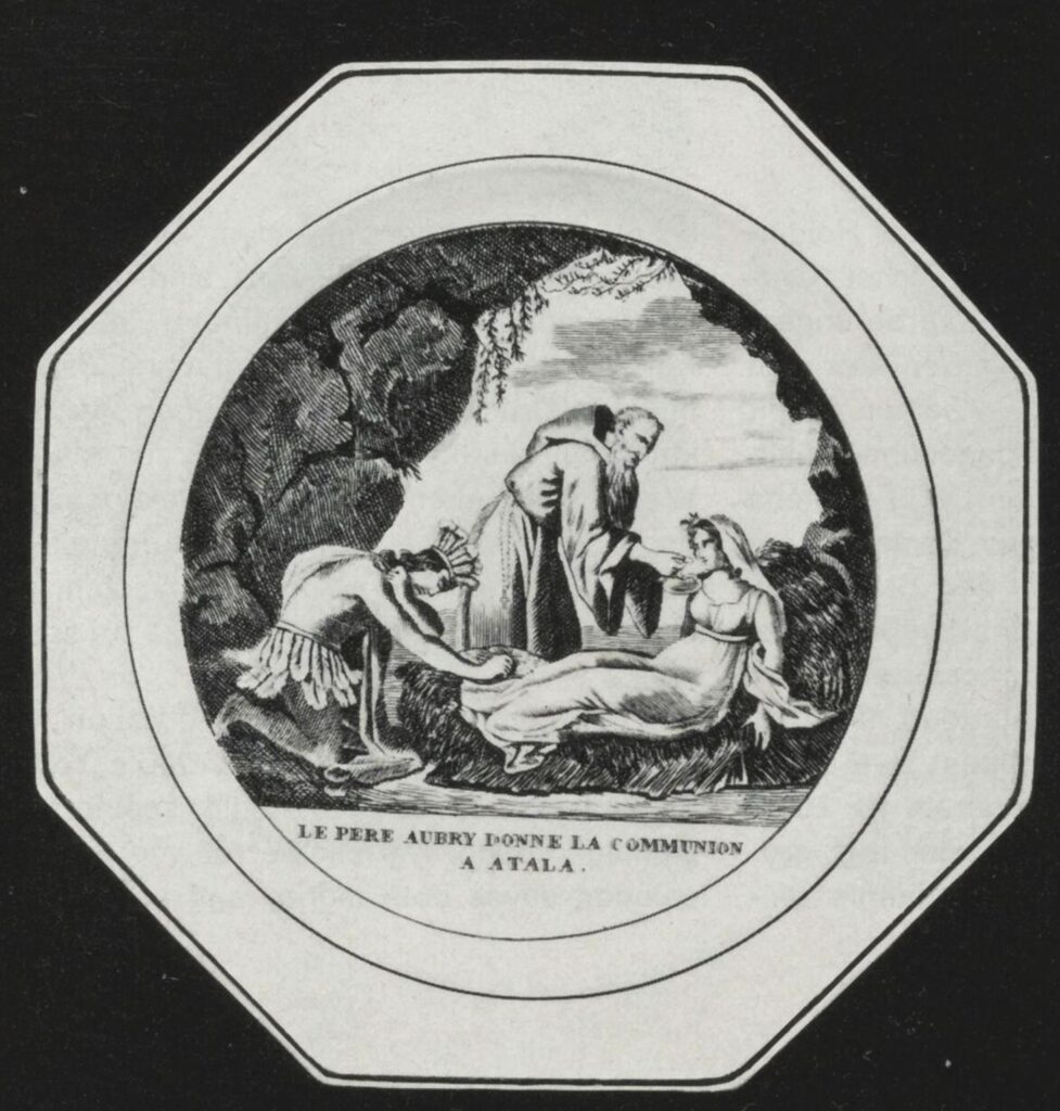 Atala: Plate with scene from Atala by Chateaubriand and inscription saying Le père Aubry donne la communion à Atala, 1st half 19th century. IADDB.
