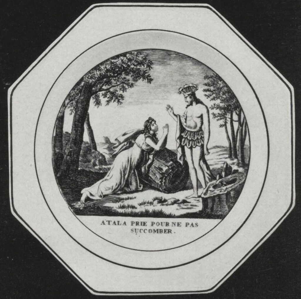 Atala. Plate with scene from Atala by Chateaubriand and inscription saying Atala prie pour ne pas succomber, 1st half 19th century.