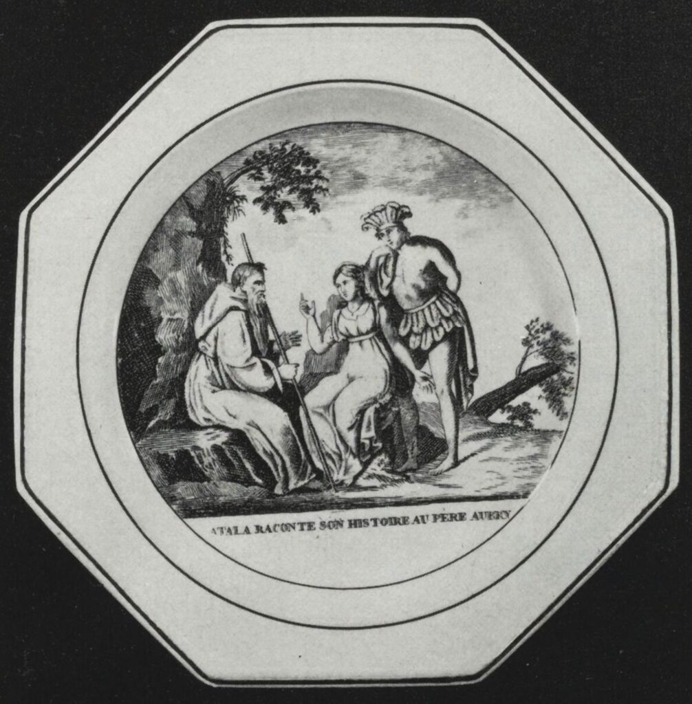 Atala: Plate with scene from Atala by Chateaubriand and inscription saying Atala raconte son histoire au père Aubry, 1st half 19th century. IADDB.
