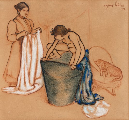 Suzanne Valadon Barnes Foundation: Drypoint etching of young girl and older woman. The girl climbs into a metal tub as the woman stands next to the tub holding a towel.