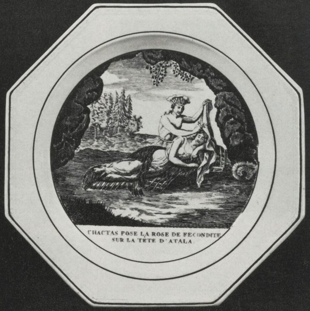 Atala. Plate with scene from Atala by Chateaubriand and inscription saying Chactas pose la rose de fécondité sur la tête d’Atala, 1st half 19th century.