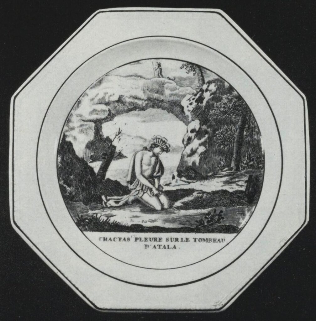 Plate with scene from Atala by Chateaubriand and inscription saying Enterrement d’Atala, 1st half 19th century.