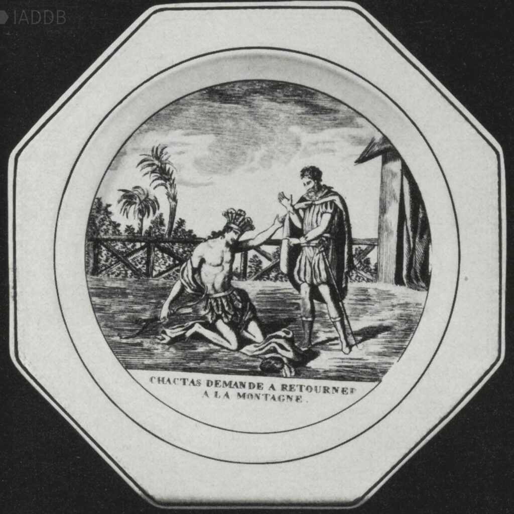 Atala: Plate with scene from Atala by Chateaubriand and inscription saying Chactas demande à retourner à la montagne, 1st half 19th century. IADDB.
