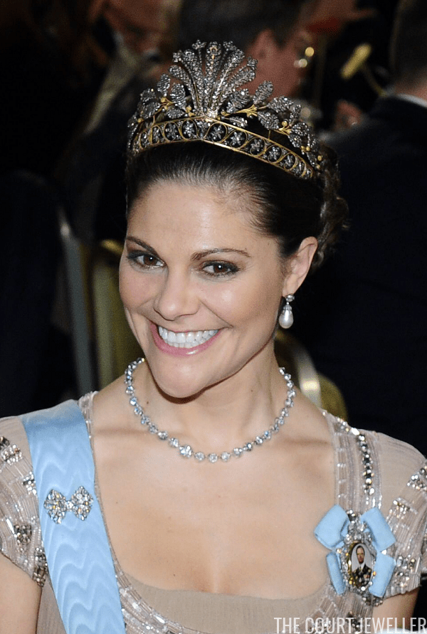 Beautiful Tiaras: Crown Princess Victoria of Sweden wears the Napoleonic Cut Steel Tiara for the annual Nobel Prize Banquet in Stockholm, December 2010. Photo by Claudio Bresciani/AFP/Getty Images via The Court Jeweller.
