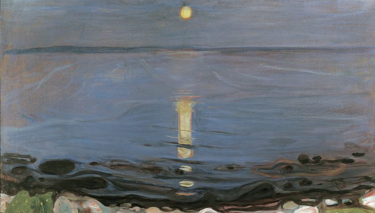 Edvard Munch Summer Night: Edvard Munch, Summer Night by the Beach, 1902-1903. Wikimedia Commons (public domain). Detail.
